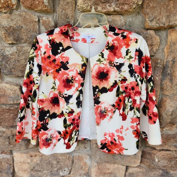 Floral Print Open Front Blazer Jacket with Shoulder Pads By Roz & Ali S - Picture 1 of 6